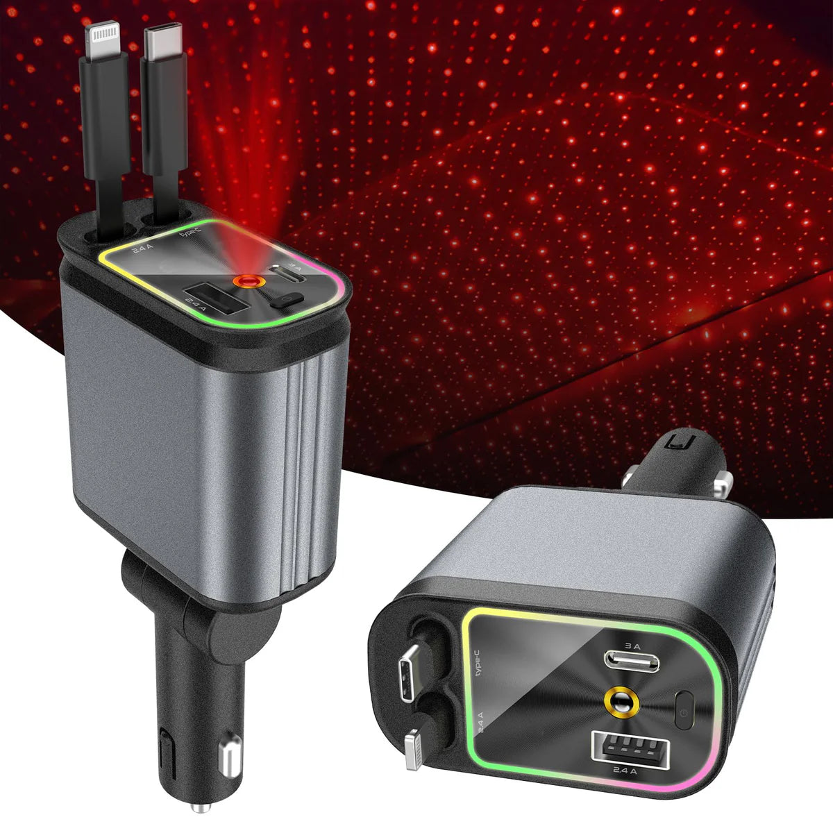 Compro 4-In-1 Retractable Car Charger with Star Projection Night Light