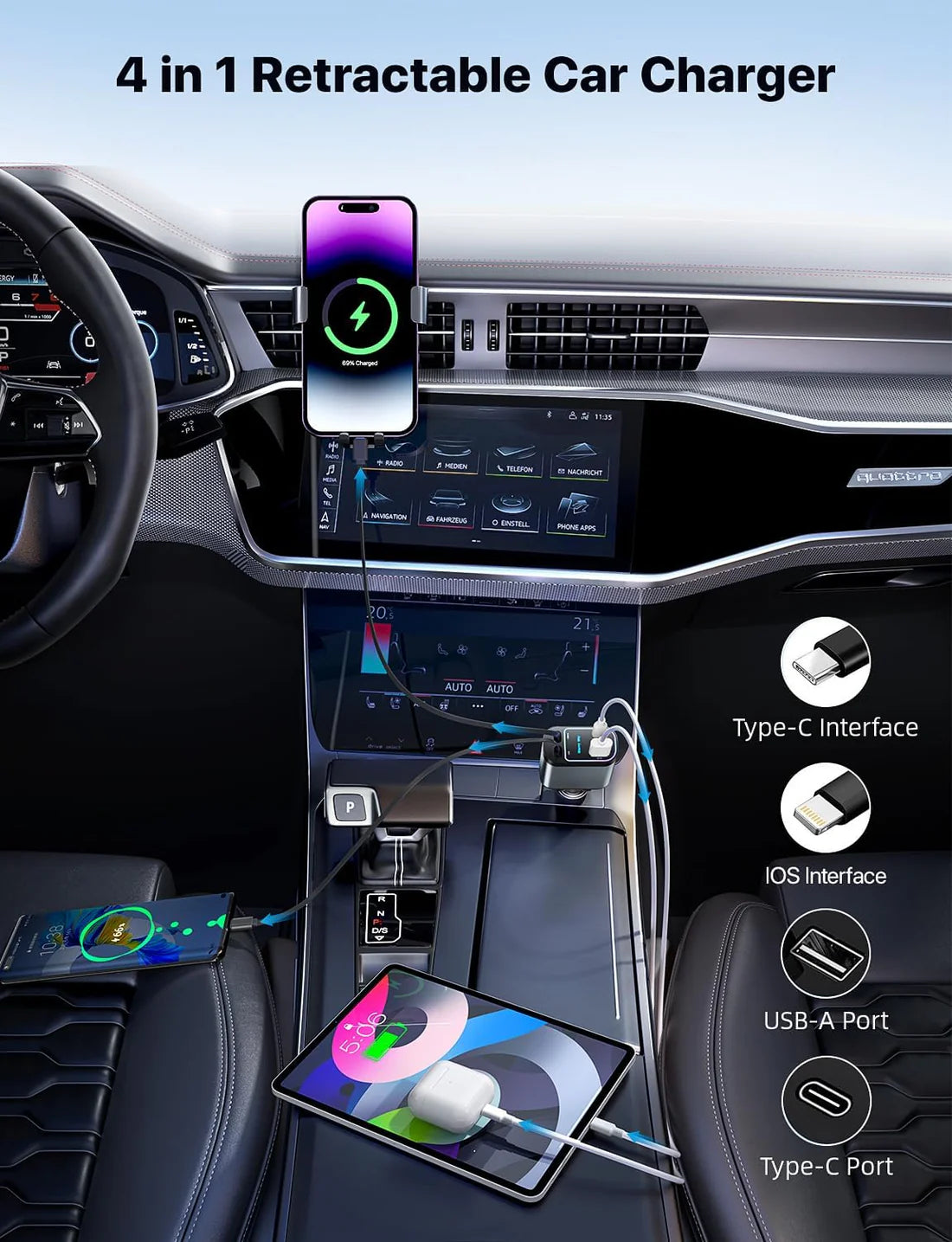 Compro 4-In-1 Retractable Car Charger with Star Projection Night Light